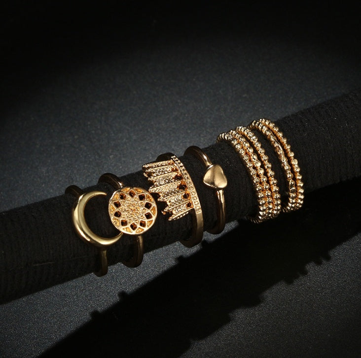 9PCS Midi Rings Set For Women Boho Detailed Metal Moon Feather Crown Dreamcatcher Knuckle Gold Color Ring Fashion Jewelry KB423