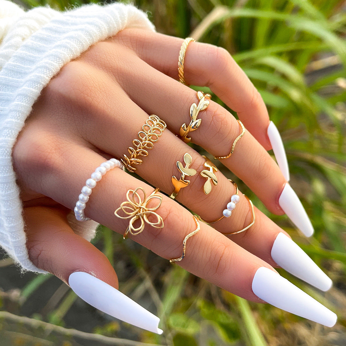 Golden Blossom & Pearl Ring Set