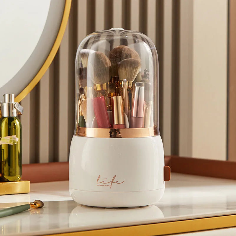 Makeup brush holder storage device with 360 degree rotation, dustproof makeup brush container, transparent acrylic cover, rotati